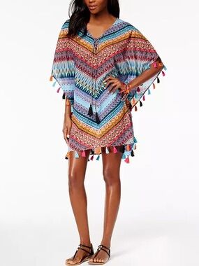 Miraclesuit Casbah Cotton Fringe Tassel Printed Cover Up Caftan Size L